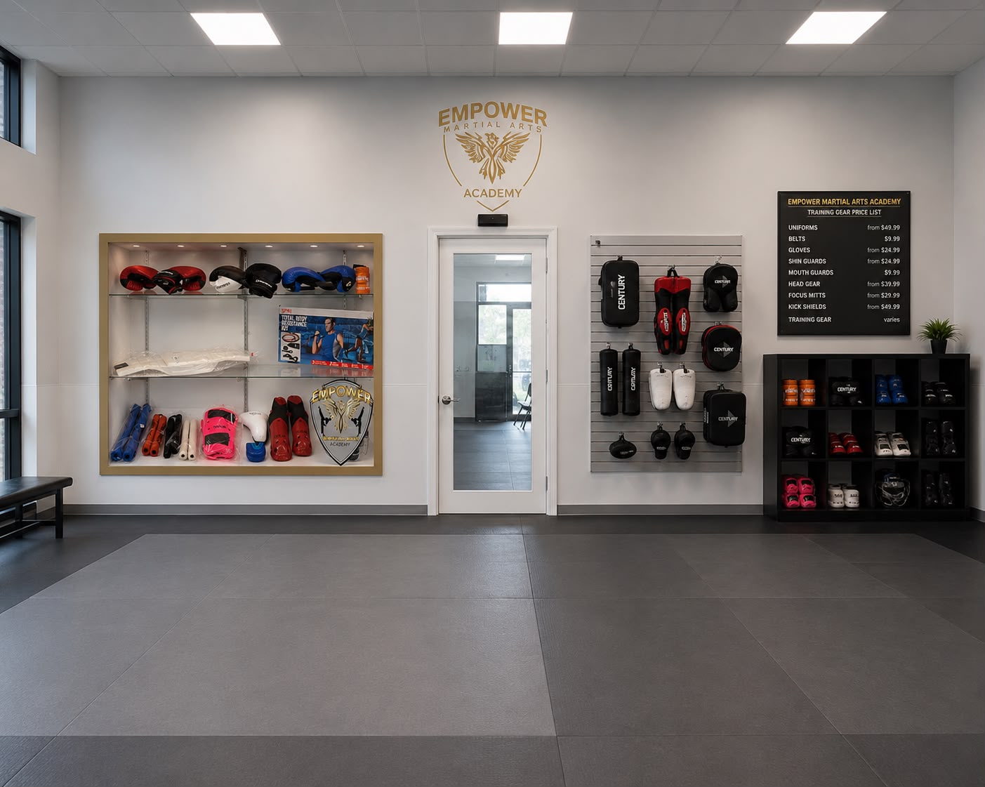 Empower Martial Arts Academy interior with training gear display and academy logo in Lake Worth, FL