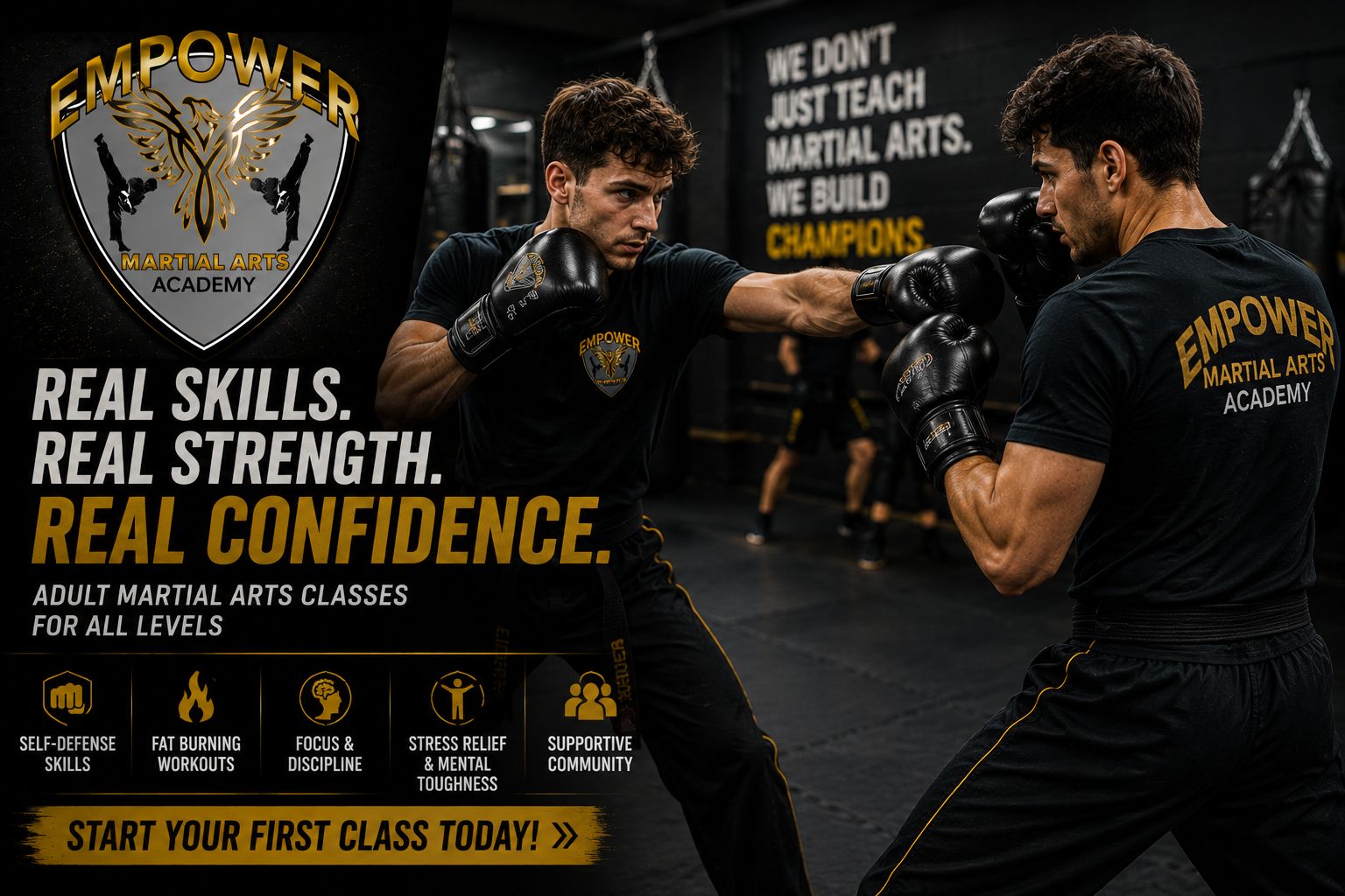 Adult men sparring with boxing gloves in kickboxing class at Empower Martial Arts Academy Lake Worth FL