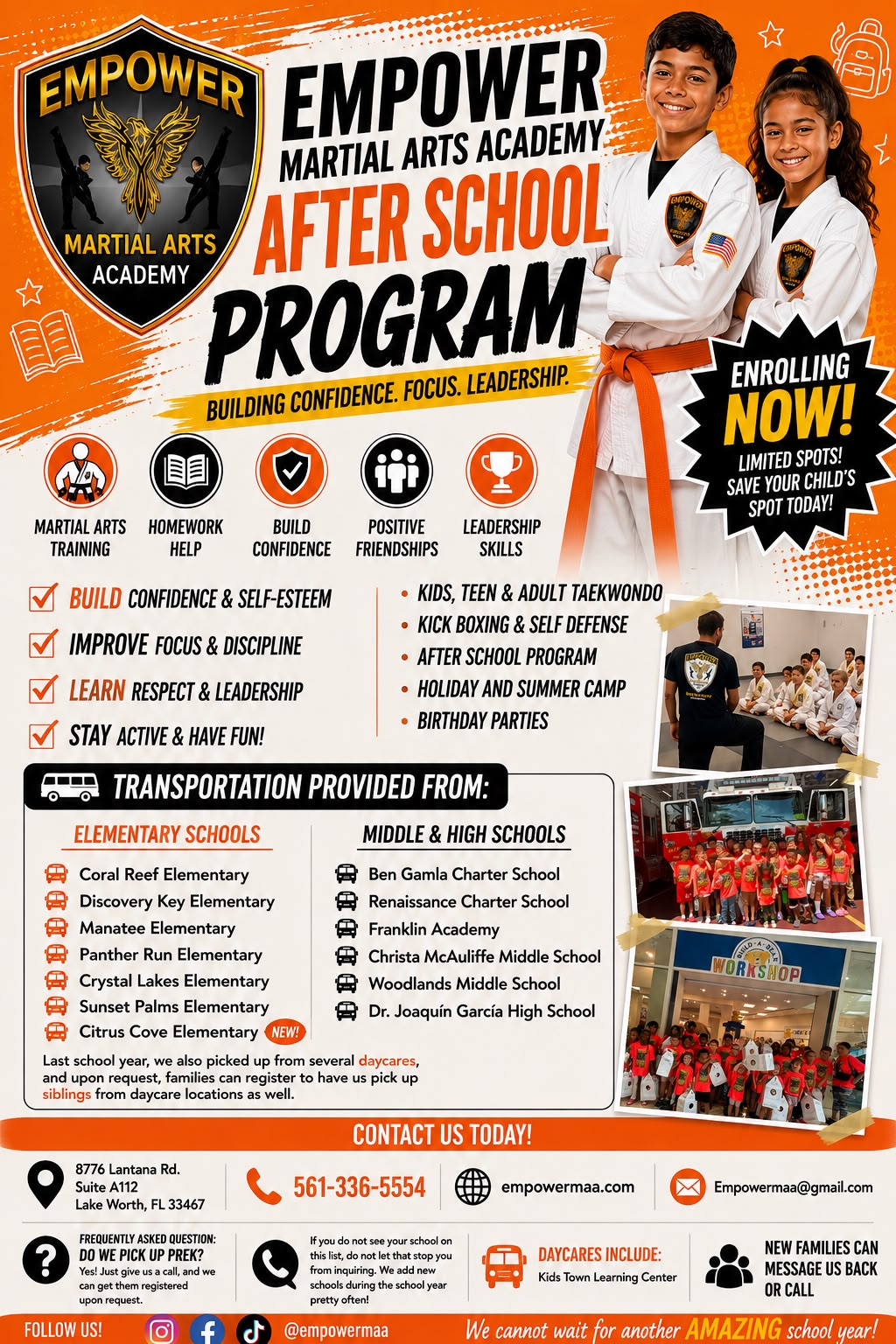 Empower Martial Arts Academy After School Program flyer — transportation, homework help, martial arts training and enrollment info for Lake Worth FL families