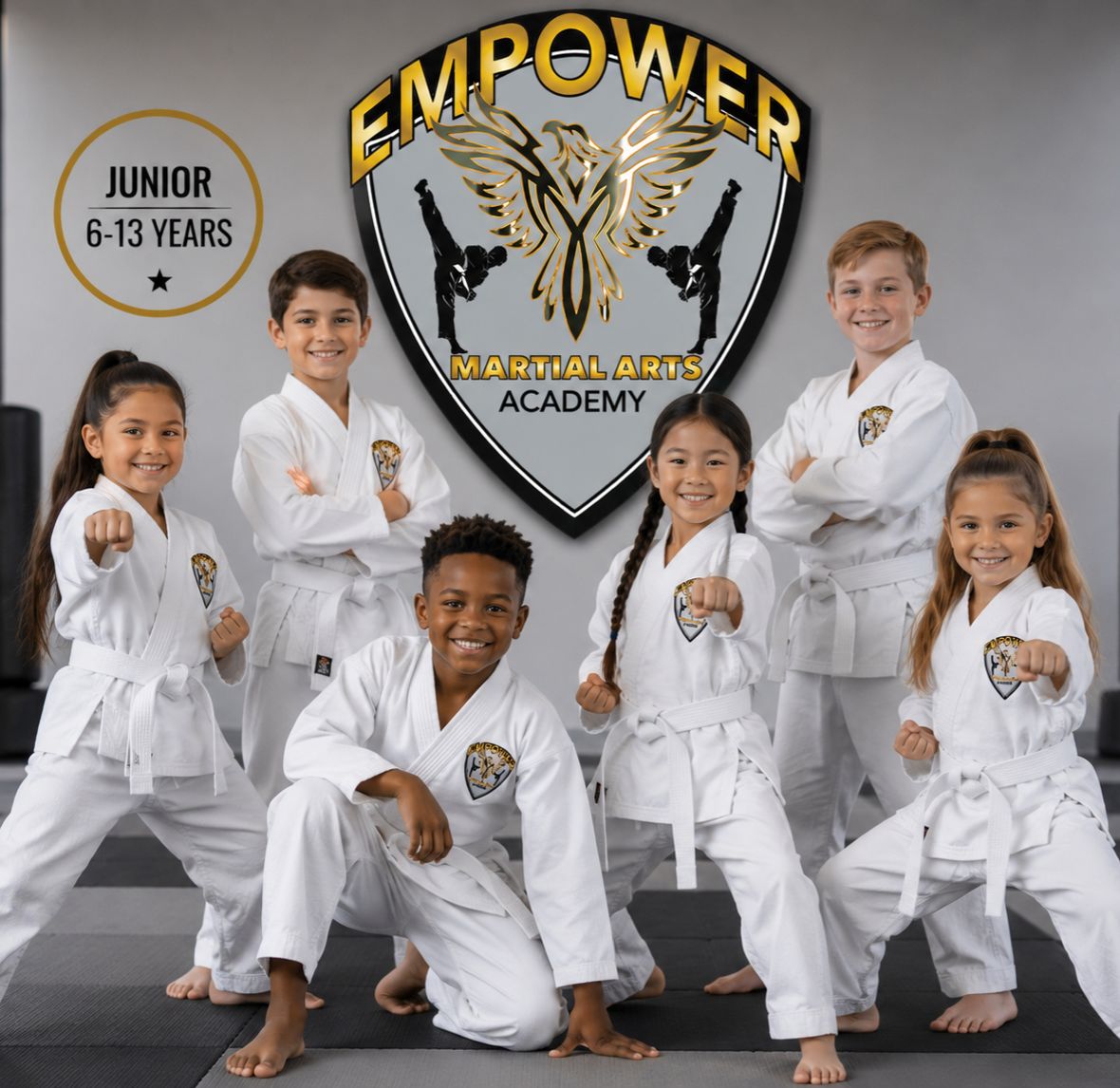 Junior martial arts group class for ages 6 to 12 at Empower Martial Arts Academy in Lake Worth, FL