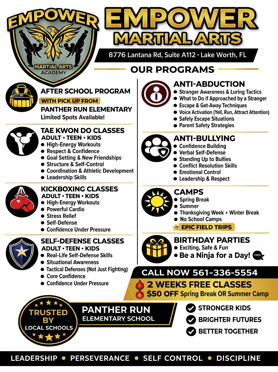 Empower Martial Arts Academy Our Programs flyer — Tae Kwon Do, Kickboxing, Self-Defense, Camps and After School in Lake Worth FL